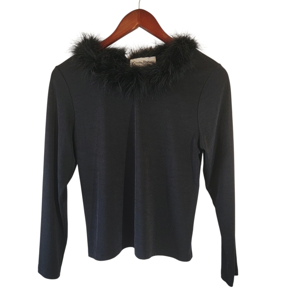 VTG Claudia Richard Black Faux Fur Trim Long Sleeve Top Sz MP Y2K Whimsigoth